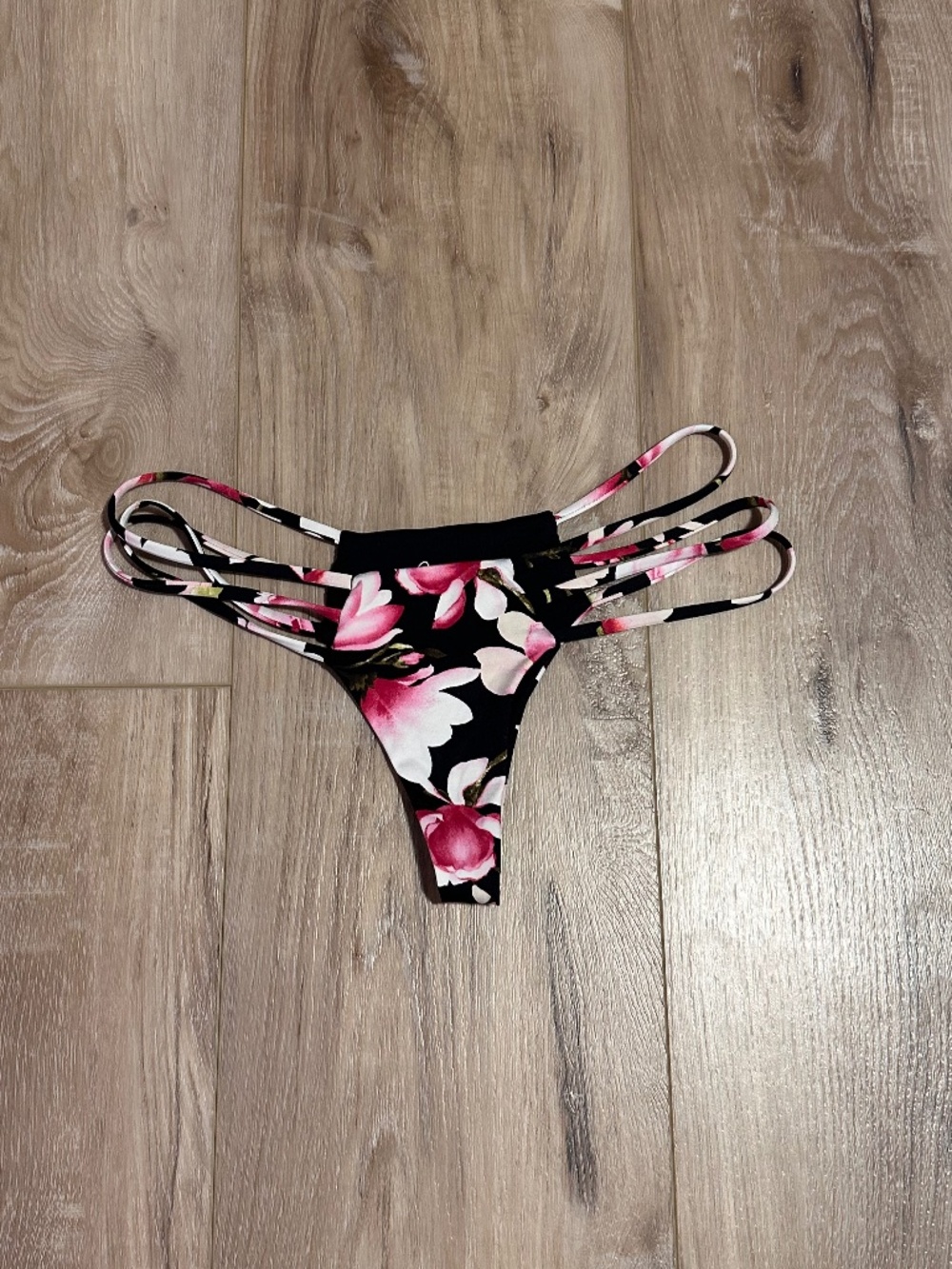 Frankies Bikinis - Pink/White/Black Floral Strappy Bikini Bottoms